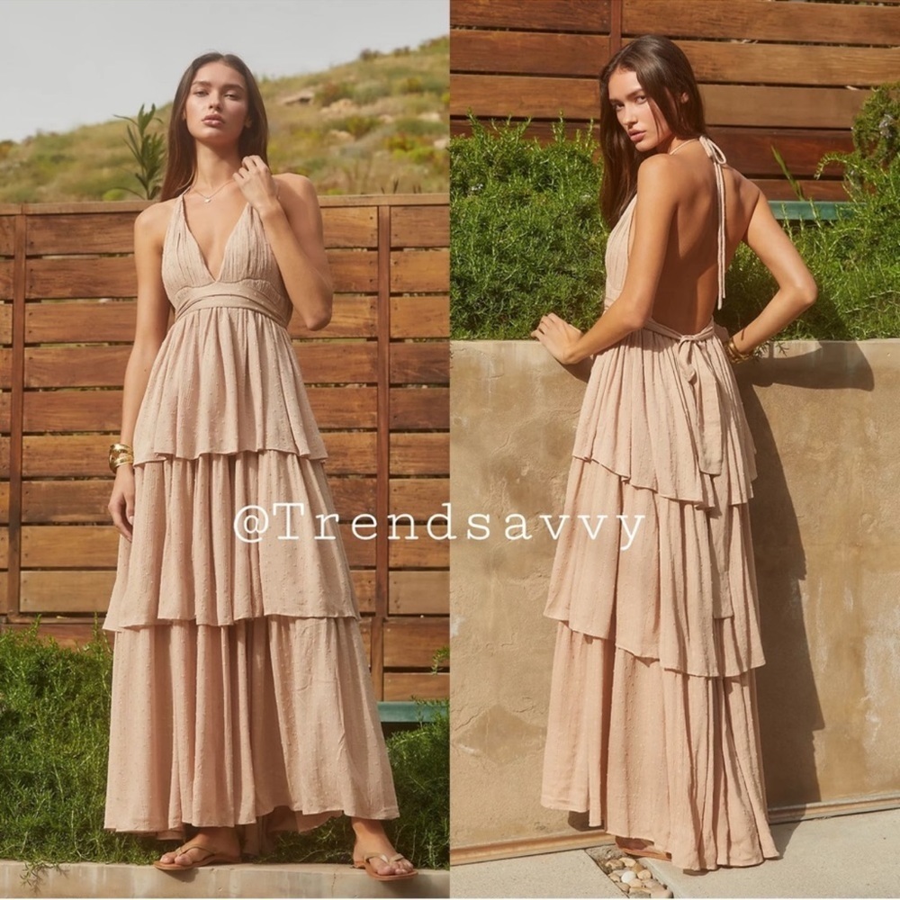 Anthropologie PQ Oro Halter Open Back Tiered Maxi Dress Tan Size M/L NWT